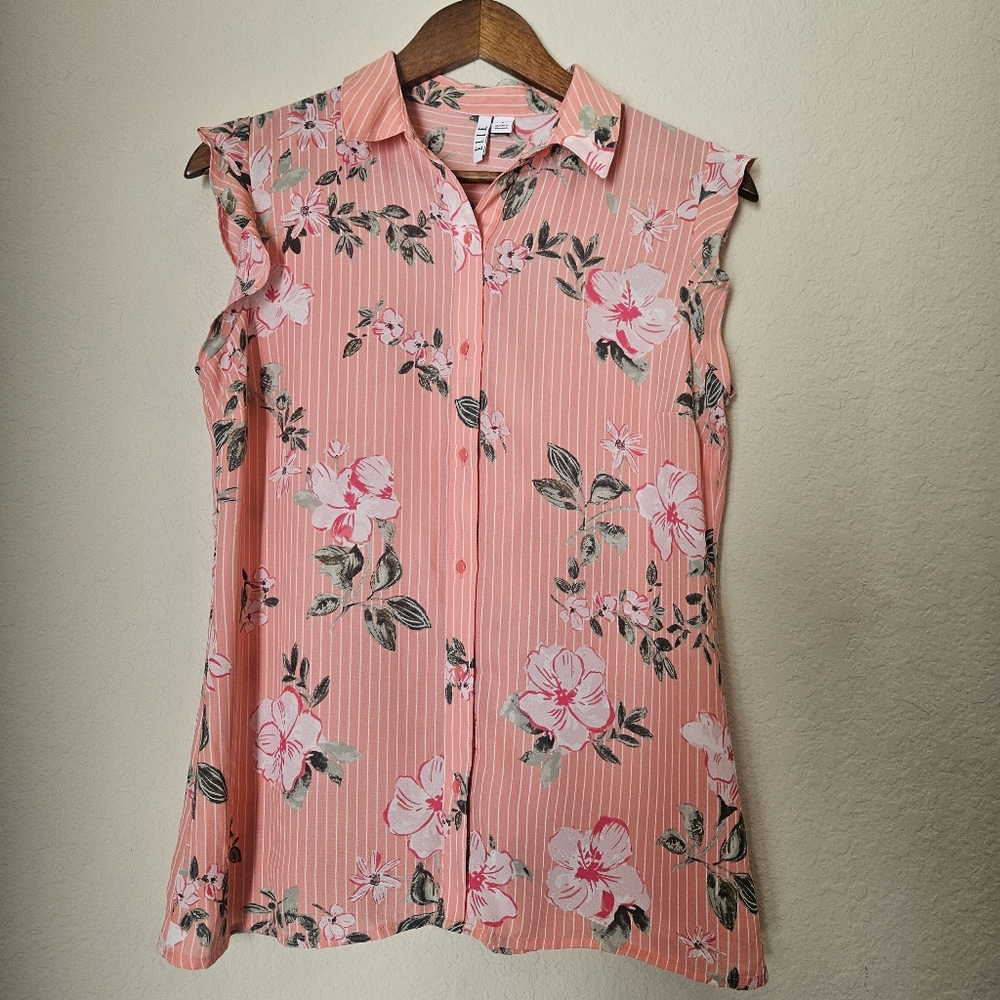 Elle Button Down‎ Blouse Womens XS Pink White Stripe Green Peach Floral Feminine